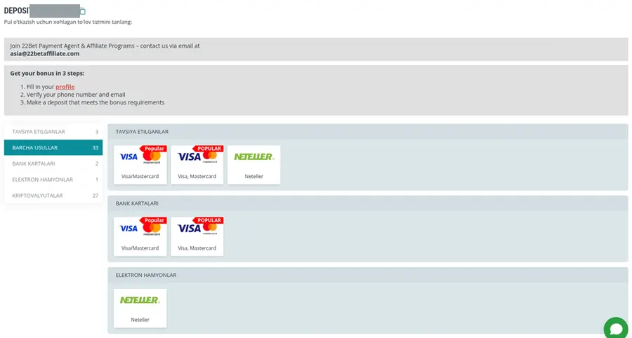 22Bet cashier deposit methods UZS