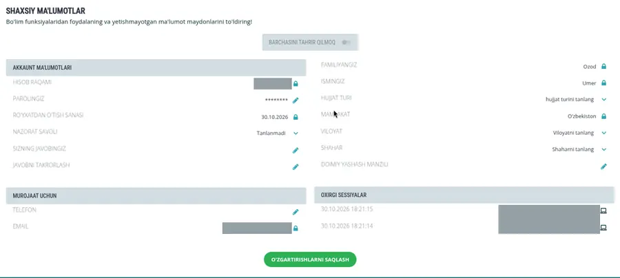 22Bet profile personal data form