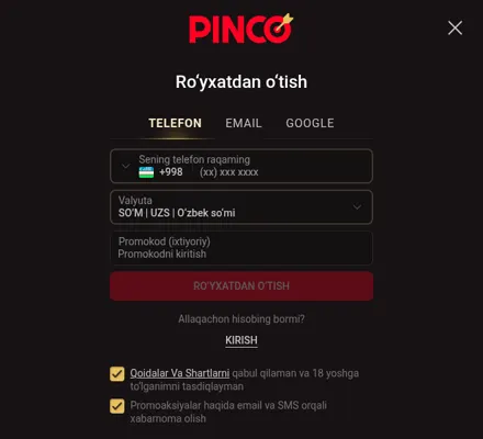 Pinco registration form +998 UZS